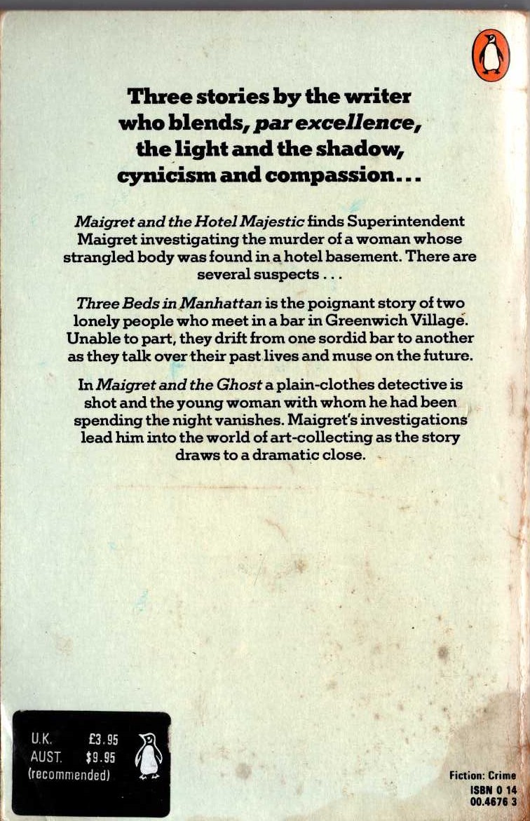 Georges Simenon  MAIGRET AND THE GHOST plus MAIGRET AND THE HOTEL MAJESTIC and THREE BEDS IN MANHATTEN magnified rear book cover image