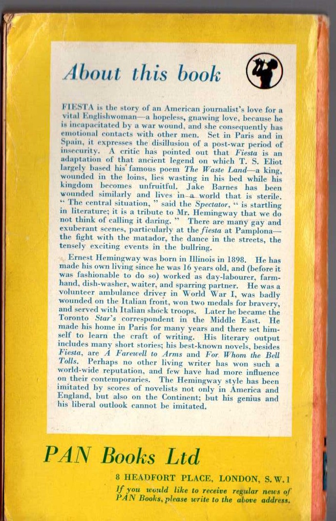 Ernest Hemingway  FIESTA magnified rear book cover image