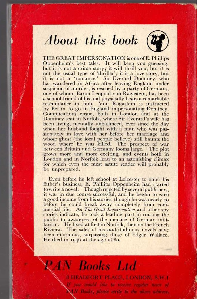 E.Phillips Oppenheim  THE GREAT IMPERSONATION magnified rear book cover image