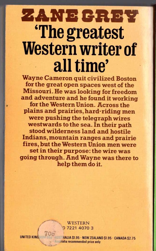 Zane Grey  WESTERN UNION magnified rear book cover image