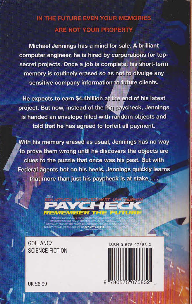 Philip K. Dick  PAYCHECK (Ben Affleck) magnified rear book cover image