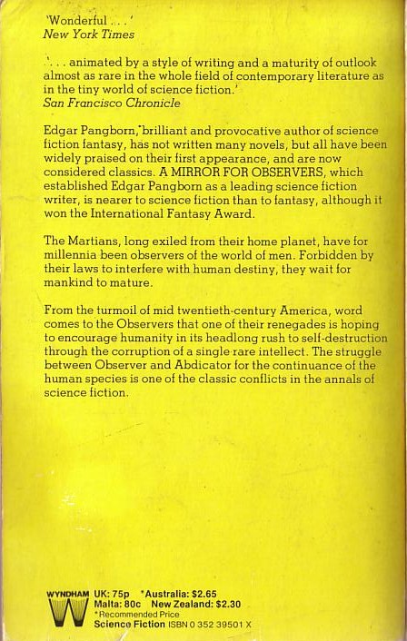 Edgar Pangborn  A MIRROR FOR OBSERVERS magnified rear book cover image
