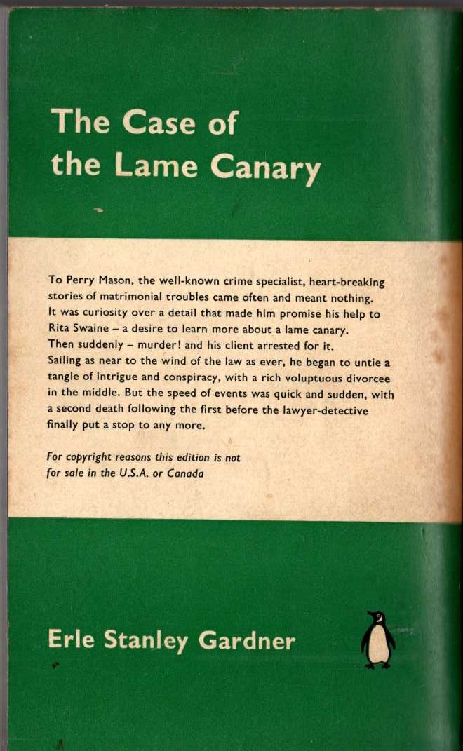 Erle Stanley Gardner  THE CASE OF THE LAME CANARY magnified rear book cover image