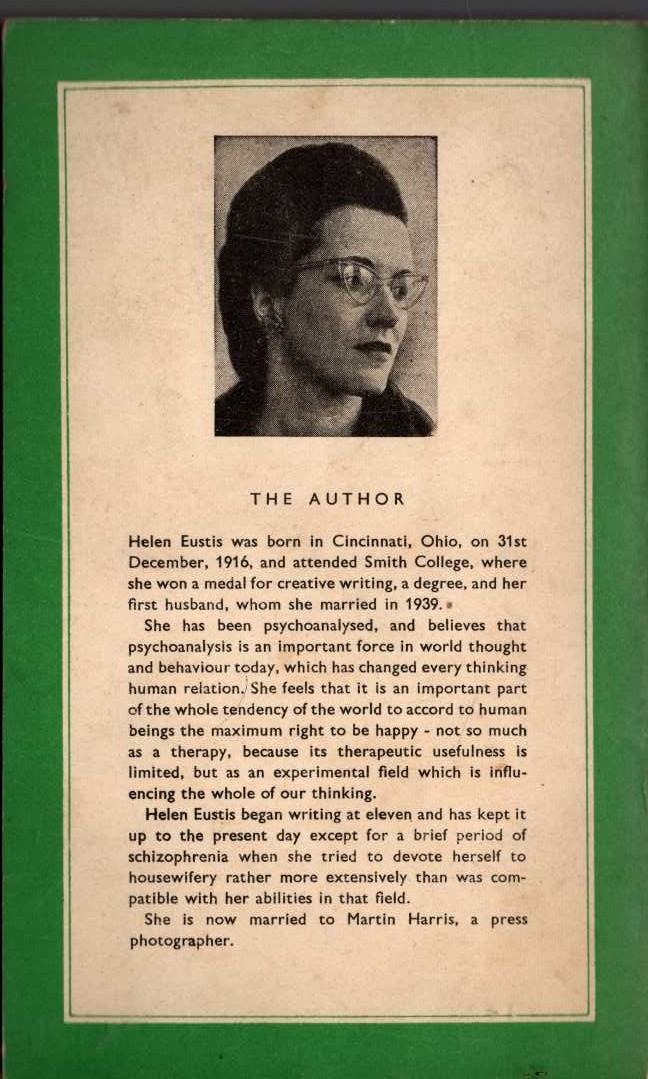 Helen Eustis  THE HORIZONTAL MAN magnified rear book cover image