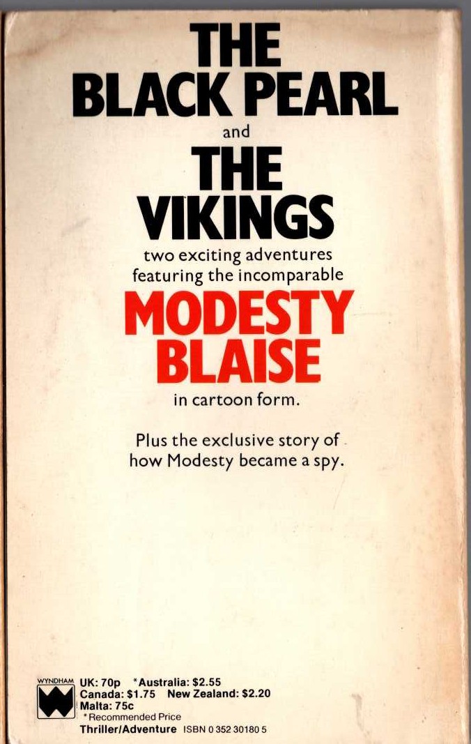 Peter O'Donnell  MODESTY BLAISE: THE BLACK PEARL and THE VIKINGS magnified rear book cover image