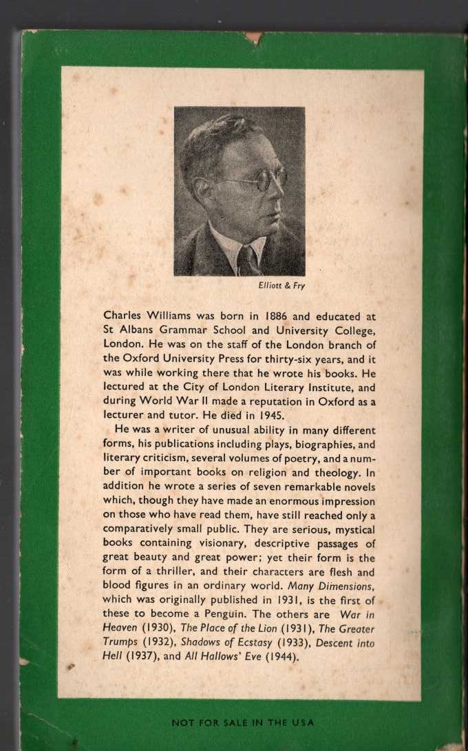 Charles Williams  MANY DIMENSIONS magnified rear book cover image