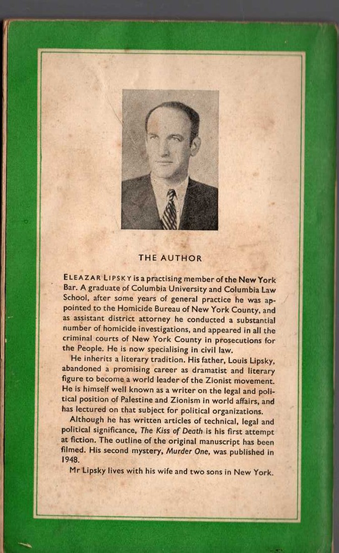 Eleazar Lipsky  THE KISS OF DEATH magnified rear book cover image