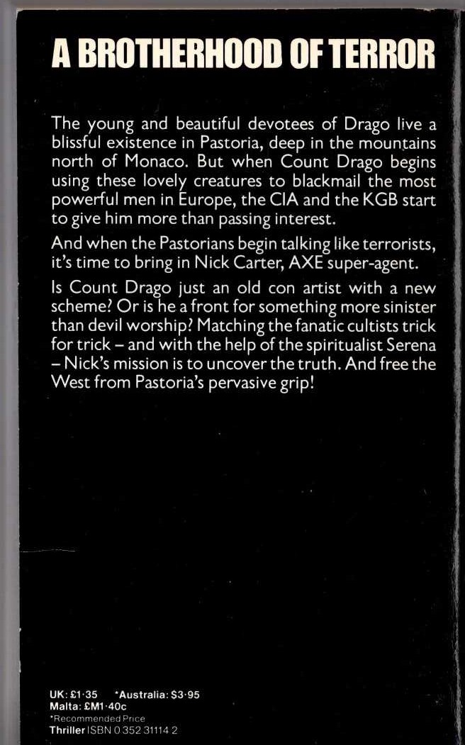 Nick Carter  THE SATAN TRAP magnified rear book cover image