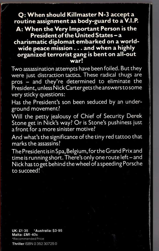 Nick Carter  RACE OF DEATH magnified rear book cover image