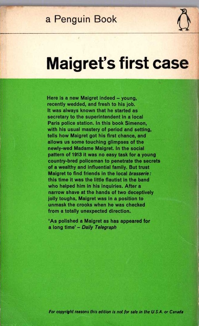 Georges Simenon  MAIGRET'S FIRST CASE magnified rear book cover image