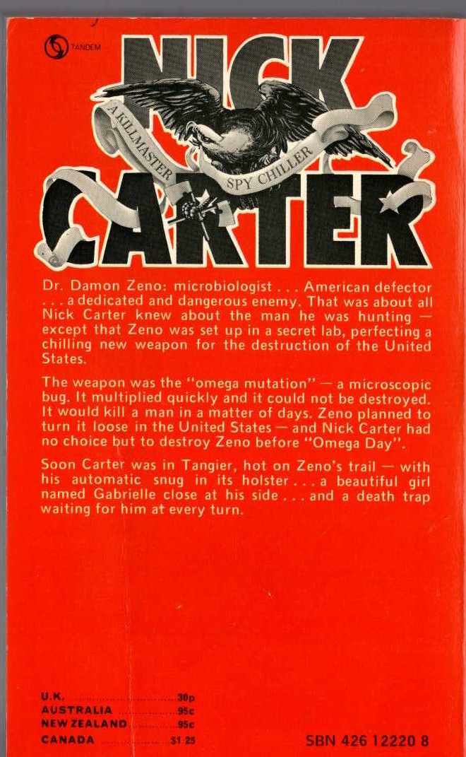 Nick Carter  THE OMEGA TERROR magnified rear book cover image