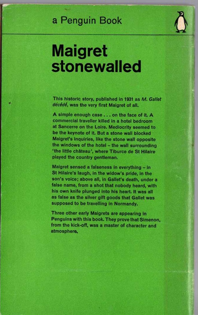 Georges Simenon  MAIGRET STONEWALLED magnified rear book cover image