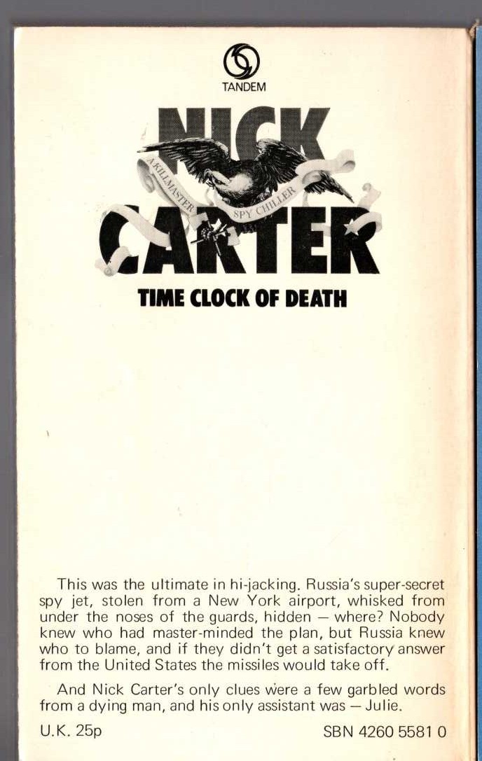 Nick Carter  TIME CLOCK OF DEATH magnified rear book cover image