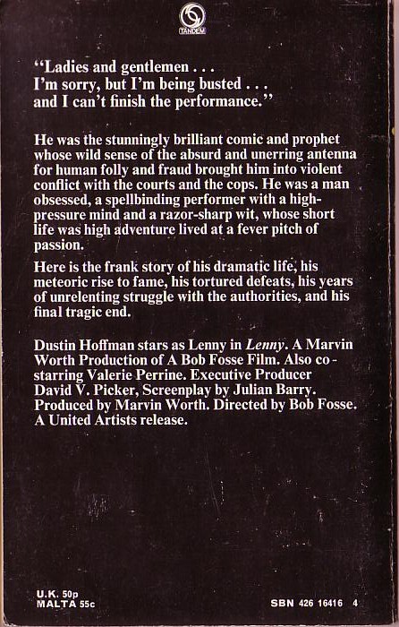 Valerie Kohler Smith  LENNY: THE REAL STORY OF LENNY BRUCE (Dustin Hoffman) magnified rear book cover image