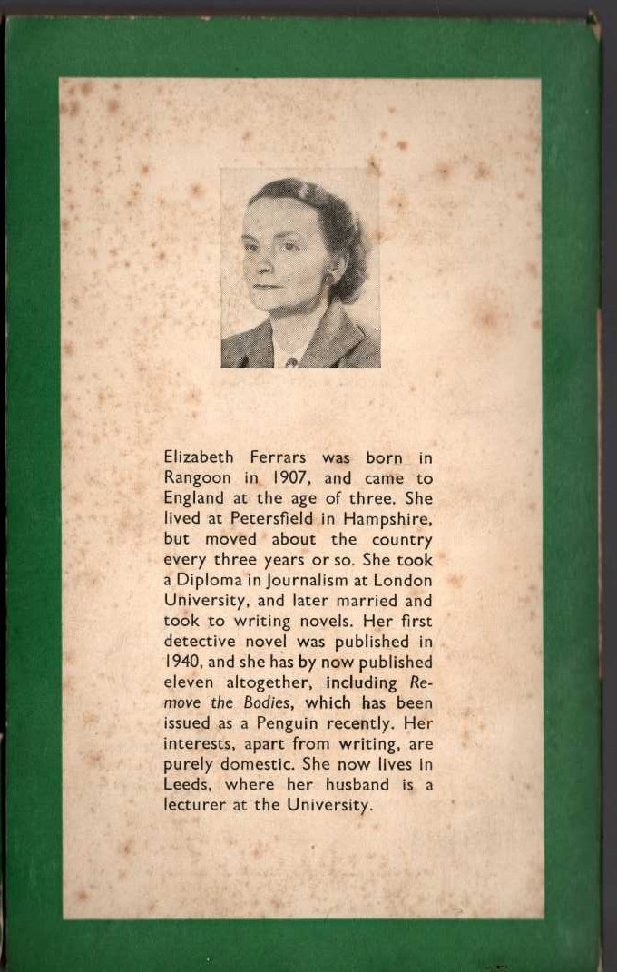 Elizabeth Ferrars  DON'T MONKEY WITH MURDER magnified rear book cover image