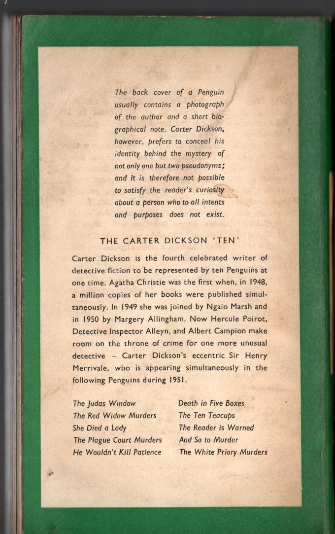 Carter Dickson  THE RED WIDOW MURDERS magnified rear book cover image