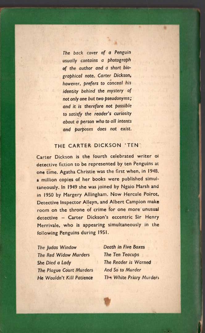 Carter Dickson  SHE DIED A LADY magnified rear book cover image