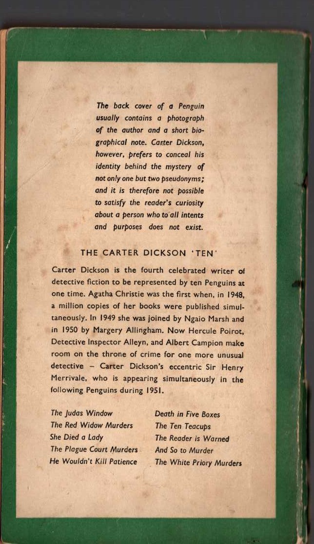Carter Dickson  THE TEN TEACUPS magnified rear book cover image