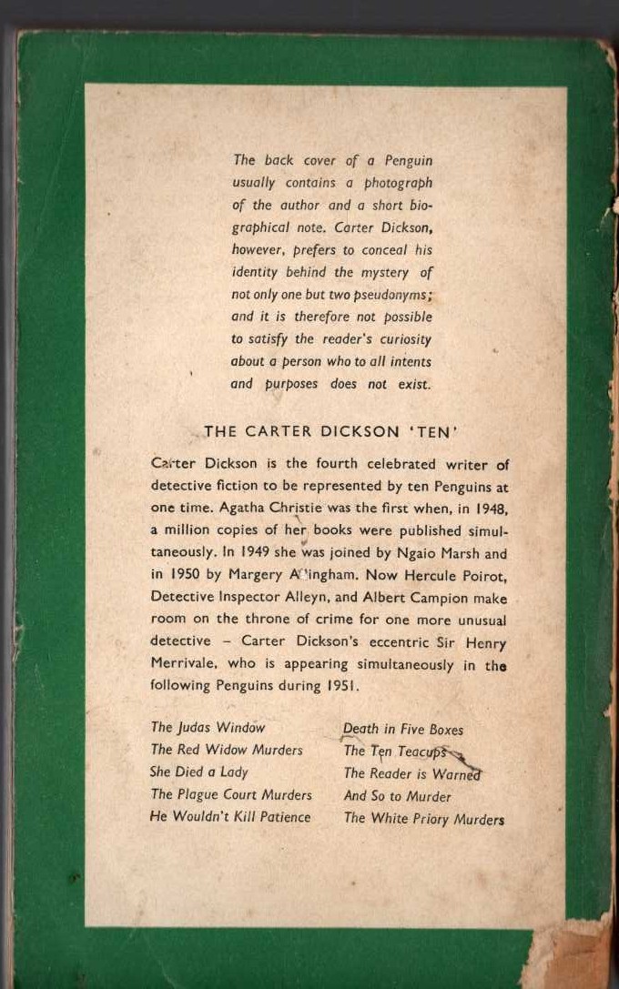 Carter Dickson  AND SO TO MURDER magnified rear book cover image