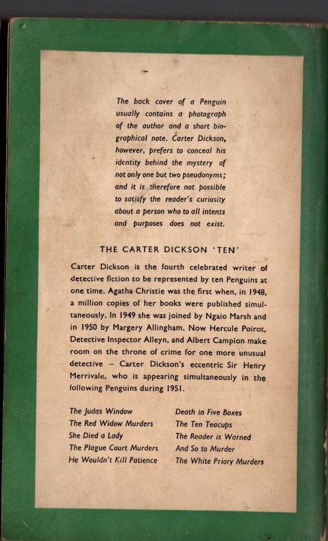 Carter Dickson  THE READER IS WARNED magnified rear book cover image