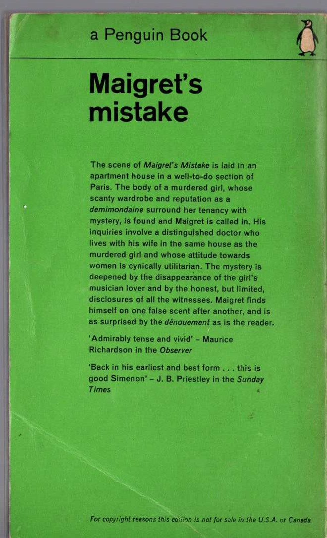 Georges Simenon  MAIGRET'S MISTAKE magnified rear book cover image