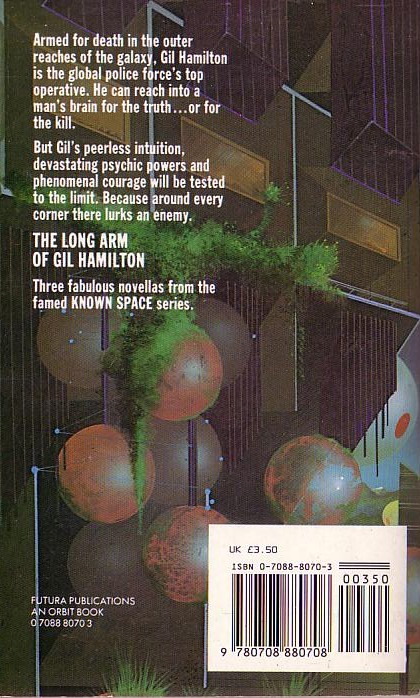 Larry Niven  THE LONG ARM OF GIL HAMILTON magnified rear book cover image