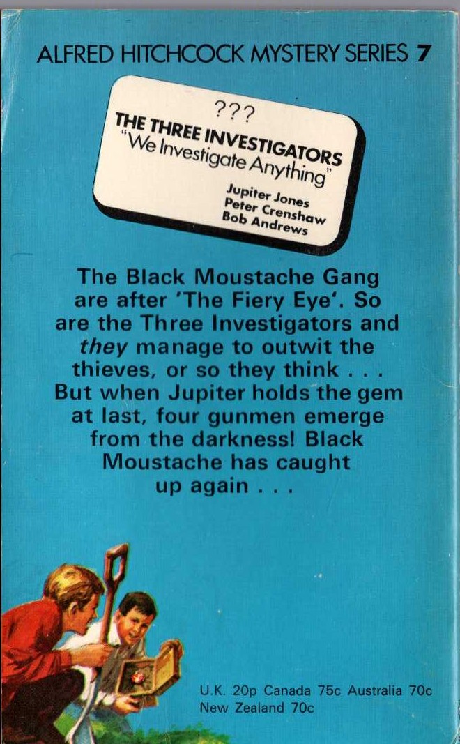 Alfred Hitchcock (introduces_The_Three_Investigators) THE MYSTERY OF THE FIERY EYE magnified rear book cover image