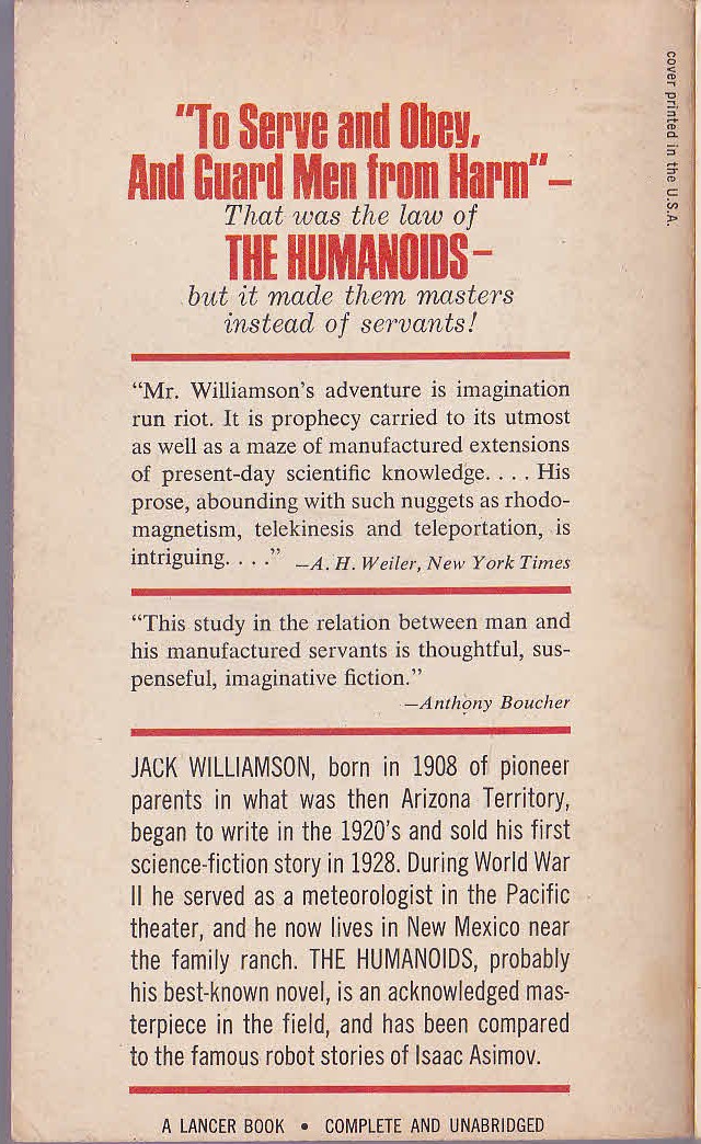 Jack Williamson  THE HUMANOIDS magnified rear book cover image