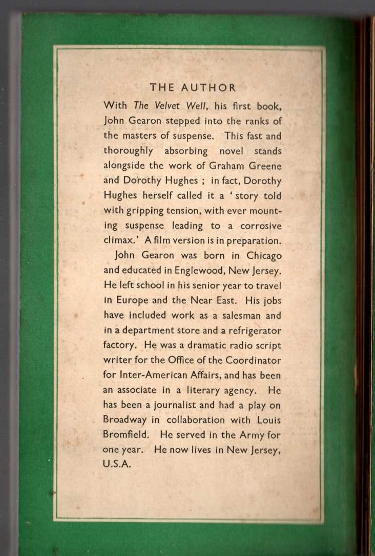 John Gearon  THE VELVET WELL magnified rear book cover image