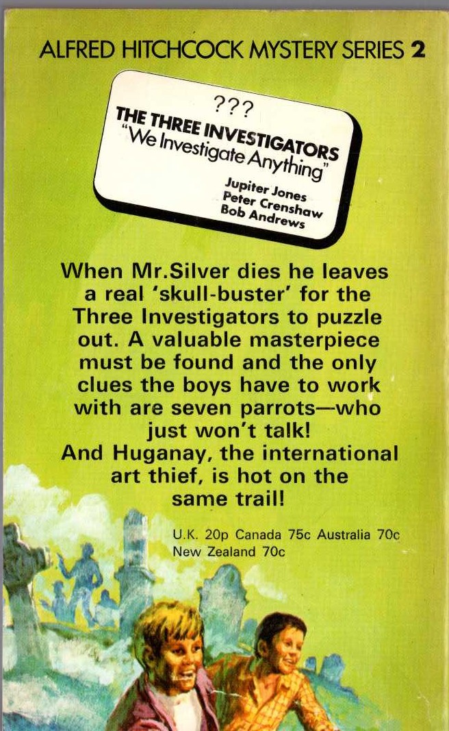 Alfred Hitchcock (introduces_The_Three_Invesitgators) THE MYSTERY OF THE STUTTERING PARROT magnified rear book cover image