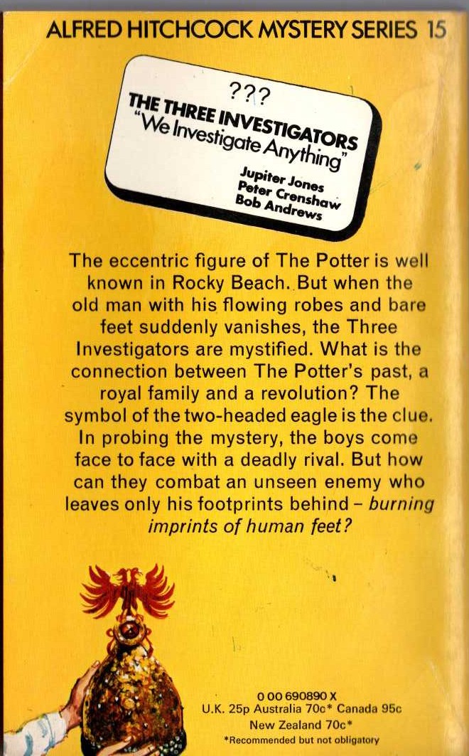 Alfred Hitchcock (introduces_The_Three_Investigators) THE MYSTERY OF THE FLAMING FOOTPRINTS magnified rear book cover image