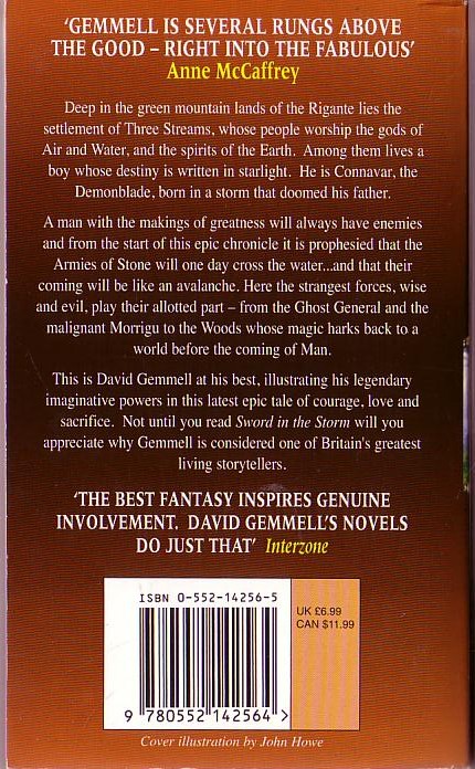 David Gemmell  SWORD IN THE STORM magnified rear book cover image