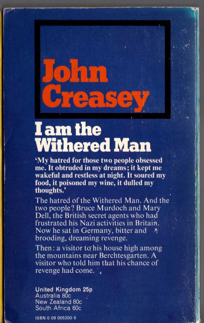John Creasey  I-AM THE WITHERED MAN magnified rear book cover image