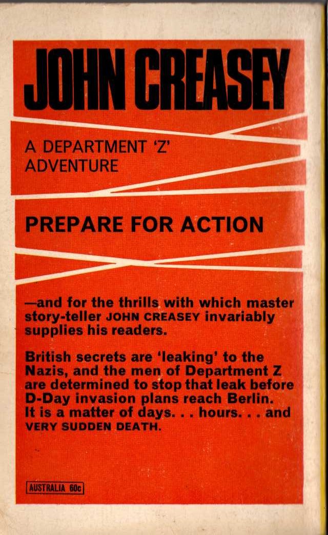John Creasey  PREPARE FOR ACTION magnified rear book cover image