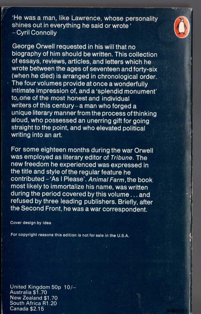 George Orwell  THE COLLECTED ESSAYS, JOURNALISM AND LETTERS OF GEORGE ORWELL. Volume 3. AS I PLEASE 1943 - 1945 magnified rear book cover image