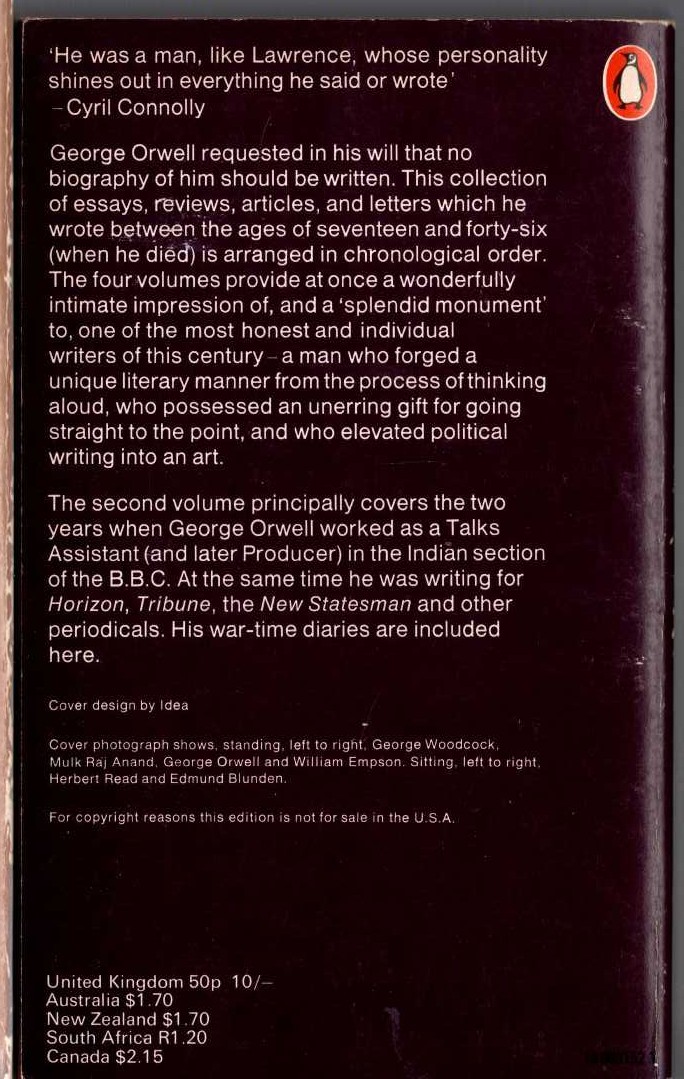 George Orwell  THE COLLECTED ESSAYS, JOURNALISM AND LETTERS OF GEORGE ORWELL. Volume 2. MY COUNTRY RIGHT OR LEFT 1940 - 1943 magnified rear book cover image
