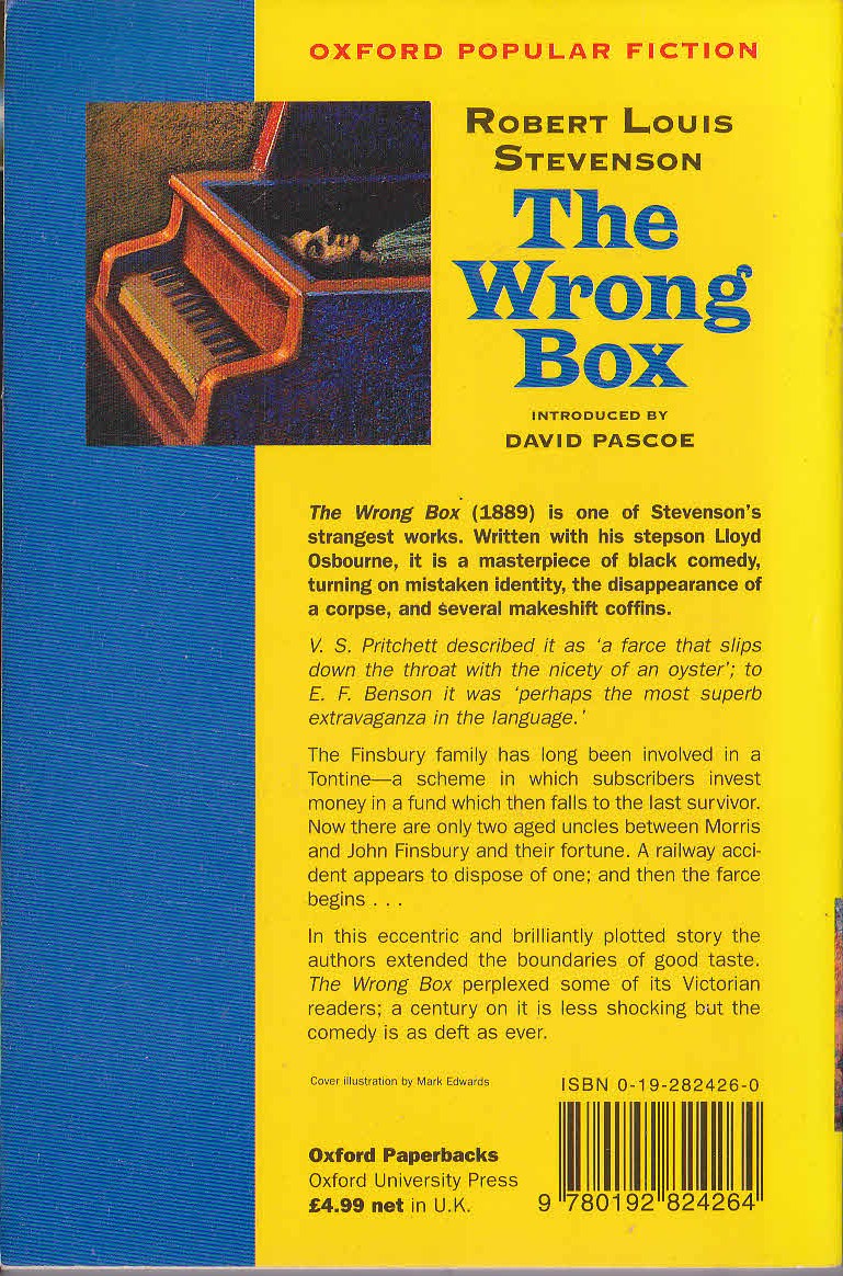 Robert Louis Stevenson  THE WRONG BOX magnified rear book cover image