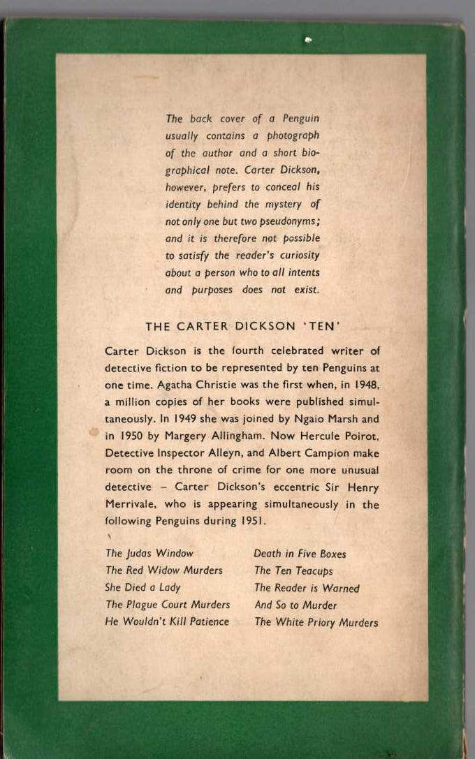 Carter Dickson  HE WOULDN'T KILL PATIENCE magnified rear book cover image