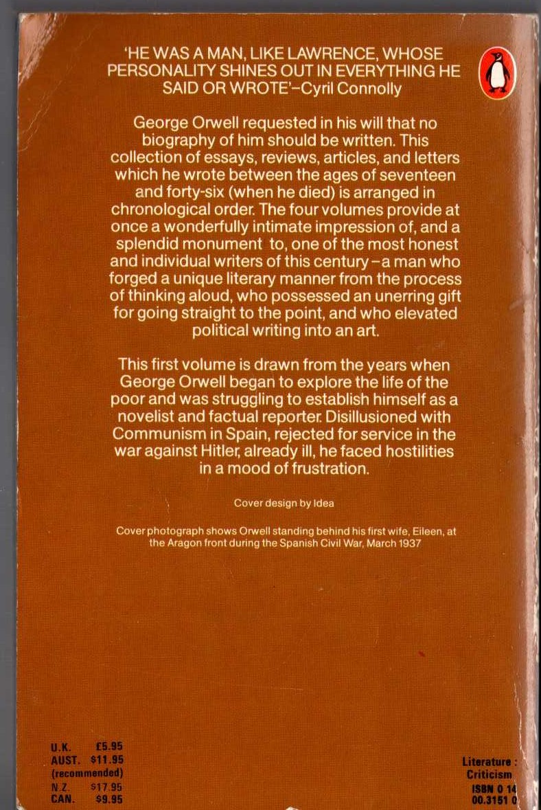 George Orwell  THE COLLECTED ESSAYS, JOURNALISM AND LETTERS OF GEORGE ORWELL. Volume 1. AN AGE LIKE THIS 1920 - 1940 magnified rear book cover image