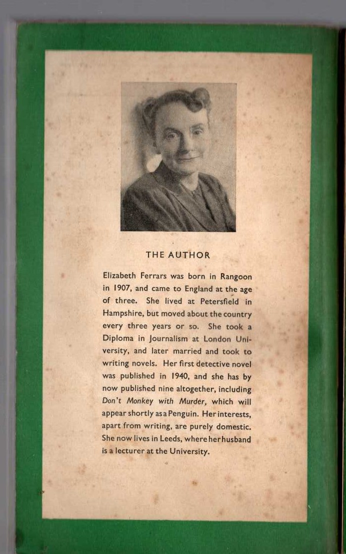 Elizabeth Ferrars  REMOVE THE BODIES magnified rear book cover image