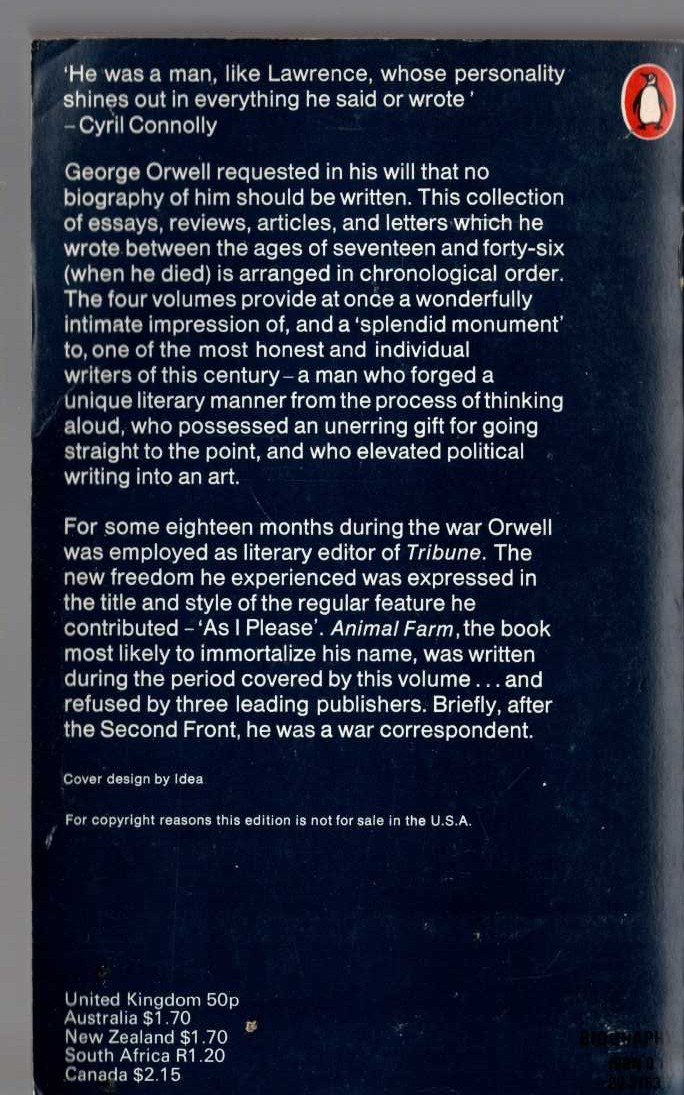 George Orwell  THE COLLECTED ESSAYS, JOURNALISM AND LETTERS OF GEORGE ORWELL. Volume 3: AS I PLEASE 1943 - 1945 magnified rear book cover image