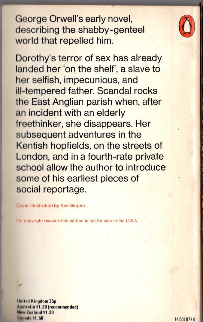 George Orwell  A CLERGYMAN'S DAUGHTER magnified rear book cover image
