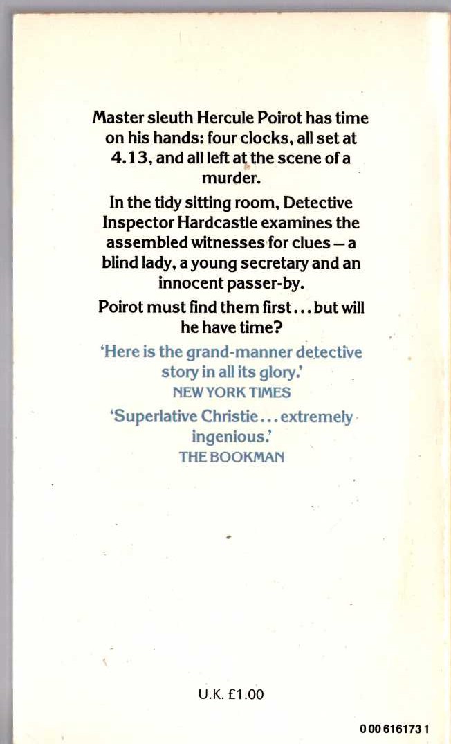 Agatha Christie  THE CLOCKS magnified rear book cover image