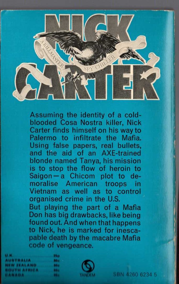 Nick Carter  THE MARK OF COSA NOSTRA magnified rear book cover image