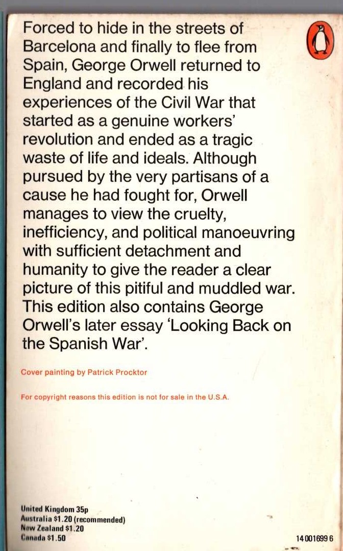 George Orwell  HOMAGE TO CATALONIA magnified rear book cover image
