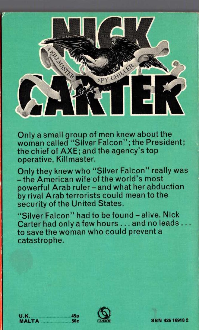 Nick Carter  DEATH OF THE FALCON magnified rear book cover image