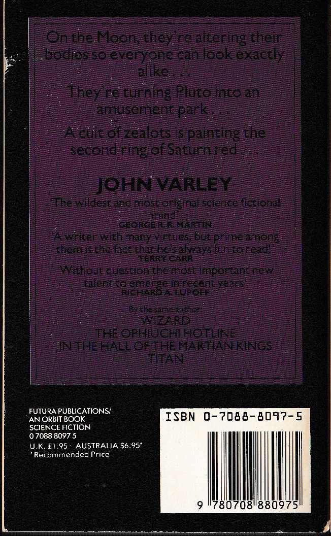 John Varley  THE BARBIE MURDERS magnified rear book cover image