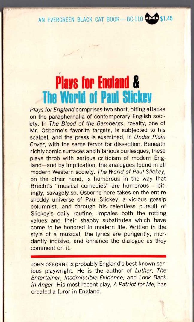 John Osborne  PLAYS FOR ENGLAND: THE BLOOD OF THE BAMBERGS/ UNDER PLAIN COVER/ THE WORLD OF PAUL SLICKEY magnified rear book cover image