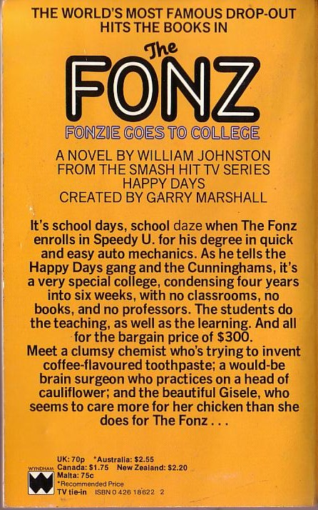William Johnston  HAPPY DAYS #4: The Fonz Goes to College magnified rear book cover image