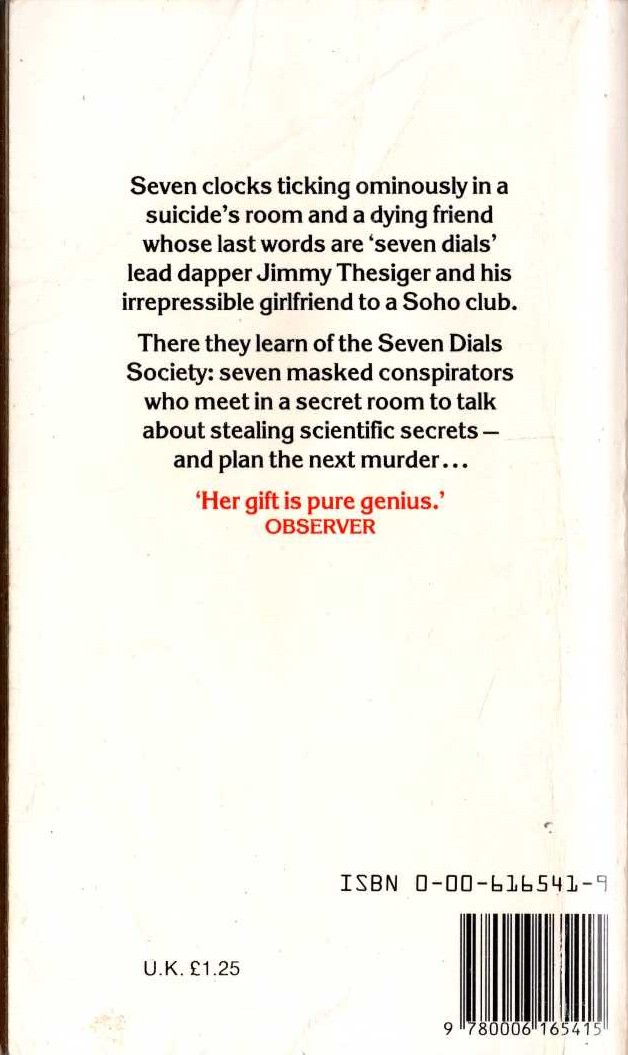Agatha Christie  THE SEVEN DIALS MYSTERY magnified rear book cover image